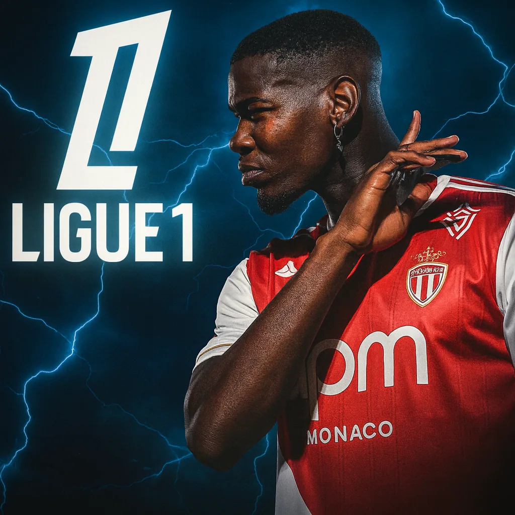Joueur en maillot de l'AS Monaco devant le logo de la Ligue 1 – maillots de Ligue 1