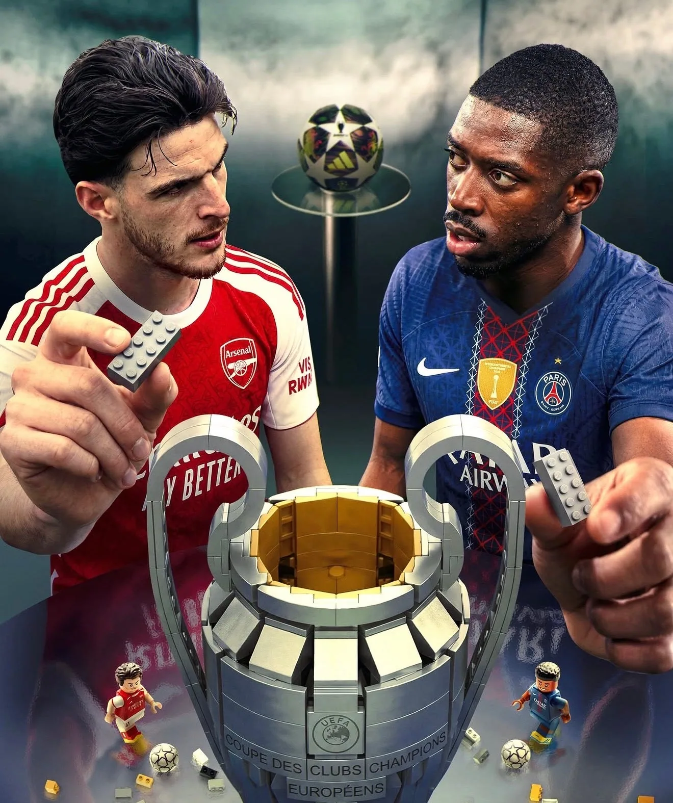 Joueurs d’Arsenal et du PSG face à face autour du trophée de la Ligue des champions – finale Paris vs Arsenal