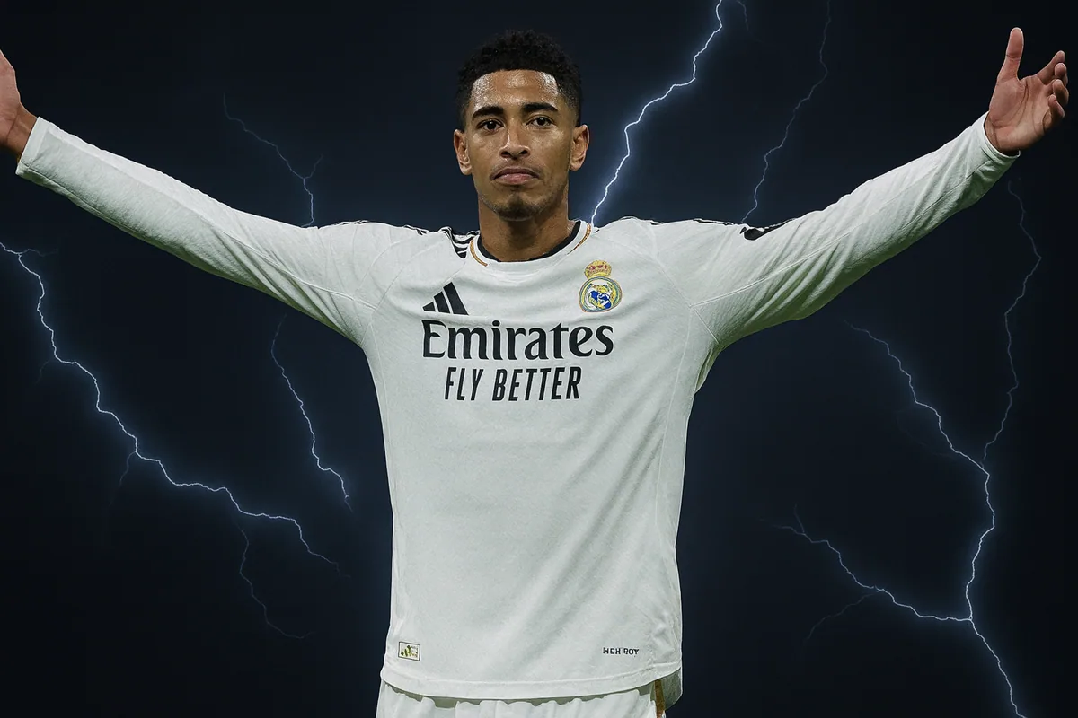 Joueur en maillot blanc manches longues du Real Madrid, bras levés sur fond d’éclairs – maillots manches longues